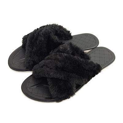 China Fashion Trend Black Plush Indoor Outdoor Soft Warm Faux Fur Custom Made Empty Logo Winter Slippers With Logo for sale