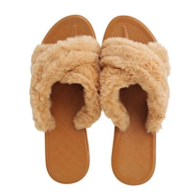 China 2021 Fashion Manufacturer Fashion Trend 2021 Premiume News Faux Fur Cross Toe Soft Home Women Plush Hairy Warm Canvas Indoor Slippers For Ladies for sale