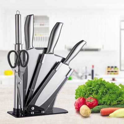 China Customized Chef Stocked Logo Self Sharpening Stainless Steel 6pcs Slicer Cooking Kitchen Knife Set With Knife Sharpener for sale