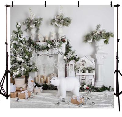 China 7x5ft Durable Christmas Wood Fireplace Backdrop No Wrinkles Fabric Vintage Christmas Tree Stocking Interior Photography Backdrop for sale