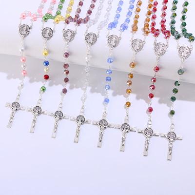 China High Quality Komi 8 Colors Religious Cross Necklace Wholesale Jewelrry 8mm Crystal Beads Catholic Rosary Necklace for sale