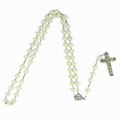 China Christian Catholic Pearl Jewelry Cross Sweater Rosary Long Necklace 8MM CLASSIC Luminous for sale