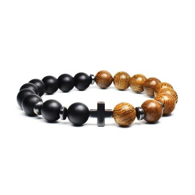 China CLASSIC Mens Vintage Religious Cross Bracelet Wooden Frosted Stone Beaded Christian Bracelet for sale