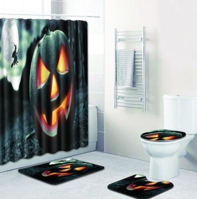 China Sustainable 2023 New Halloween Theme Printed Shower Curtain Non-Slip Super Absorbent Bath Mat 4PCS Bathroom Set for sale