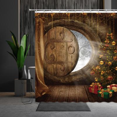 China Sustainable 3D Retro New Year Christmas Shower Curtains Wood Grain Background Xmas Tree Ball Lights Snowman Pattern Bath Screen Home Decor for sale