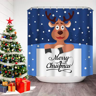 China Sustainable Christmas Tree Shower Curtain Elk Happy New Year Bathtub Curtain Bathroom Decor Waterproof Polyester Anti-mold Blackout Curtains for sale