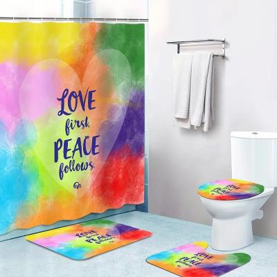 China Sustainable Vibrant Rainbow Color Shower Curtain Set with 12 Hooks Non-slip Bathroom Carpet Toilet U-shaped Pad and Cover Pad Bathroom Set for sale