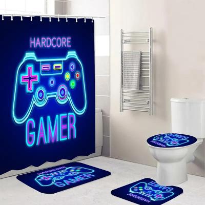 China Sustainable Colorful Fun Gamepad Pattern Printed Shower Curtain with 12 Hooks, Non-slip Bathroom Carpet 4PCS Bathroom Set for sale