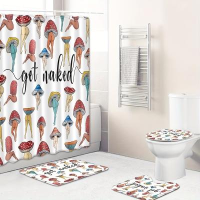 China Sustainable Fantastic Fun Colorful Mushroom Shower Curtain with 12 Hooks, Non-slip Bathroom Carpet 4PCS Bathroom Set for sale