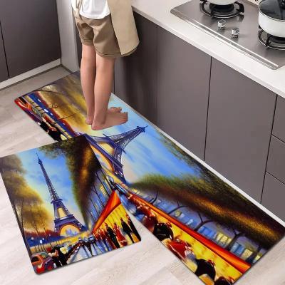 China Stain Resistant Flannel Eiffel Tower Printed Floor Mat, Non-Slip Oil-Resistant Absorbent Floor Mat, Custom Printed Carpet for Home Decoration for sale