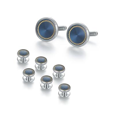 China High Quality Classic 8pcs Set Men's Round Blue Cufflinks and Studs Set for Tuxedo Shirt, Business, Wedding for sale