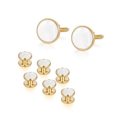 China Wholesale Classic 8 PCS Classic Set Gold Plated Round Shape White Pearl Shell Men Cufflinks and Studs Set for Shirt for sale