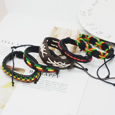 China CLASSIC Colorful Hand Braid Vintage Jamaica Braid Hip Hop Bracelet Men's Leather Bracelet Adjustable for sale