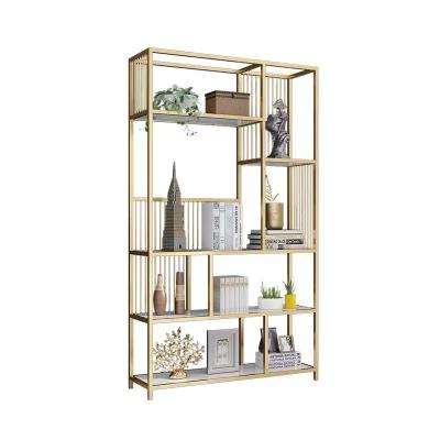 China Modern Home Furniture Stainless Steel Gold Frame Glass Bookcase Shelf for sale