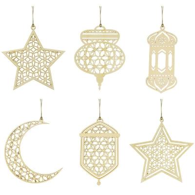 China Wooden Wooden Islamic Festival Eid Al-adha Decorations DIY Hexagonal Moon Shape Hanging Pendant for sale