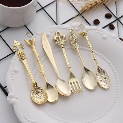 China 6Pcs Vintage Viable Dessert Spoons Fork Mini Royal Style Metal Gold Carved Coffee Snacks Fruit Dessert Fork for sale