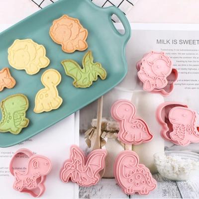 China Disposable Kitchen Bakeware 3D Cartoon Pressable Cookie Mold 6Pcs/set Baking Dinosaur Shape Plastic Cookie Cutters for sale