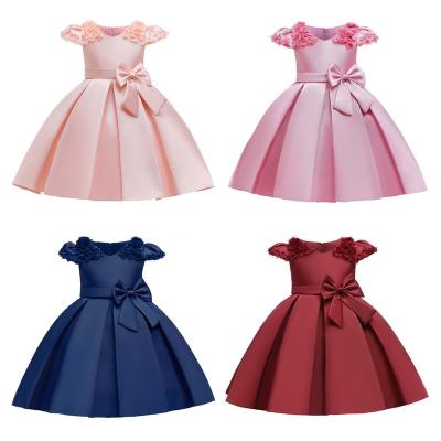 China Breathable Wholesale Cotton Formal Short Sleeve With Flowers Red Pink Blue Champagne Chiffon Ball Gown Girls Dress for sale