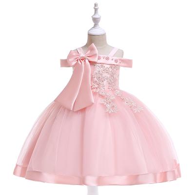 China Breathable New Style Off The Shoulder Strap Girls Dress Bow Pearl Flower Wedding Dress Flower Babies Clothing Princess Dress for sale