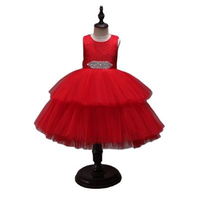 China Crystal Chiffon Sweet Red Ball Gown Breathable Girls Dress Wholesale Sleeveless Girls Dress for sale