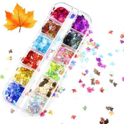 China Maple Plastic Leaves Nail Art Sequins Holographic Glitter Flakes Paillette Chameleon Stickers for Nails Autumn Design Decor for sale