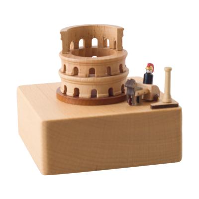 China Fashional Carved Customized Wooden Music Toy Car Roman Colosseum Wooden Music Box For Kids Gift for sale