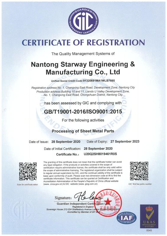 ISO9001 - Nantong  Starway Engineering & Manufacturing Co., Ltd.