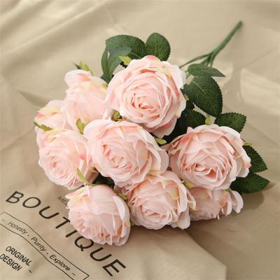 China Long Term Artificial Bouquet Flower K-1090 Spot Supply 9 Colors 10Head Wedding Bouquet Artificial Rose Flower for sale