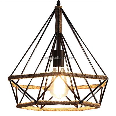 China Industrial Black Pendant Lights Pyramid Lighting Fixtures With Hemp Rope Retro Vintage Home Industrial Lighting For Kitchen Island RP0052 for sale