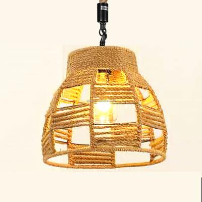 China Contemporary Woven Rustic Hemp Rope Light Rattan Farmhouse Chandelier Boho Drum Pendant Chandelier Light Fixture For Dining Room RP0112 for sale