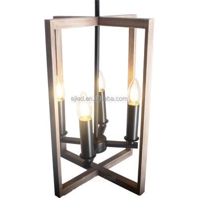 China Modern Metal Hanging Light Fixture With Wood Grain Finish Black Two Rectangle Shade 4 Lights Lighting For Living Room IN0169 for sale