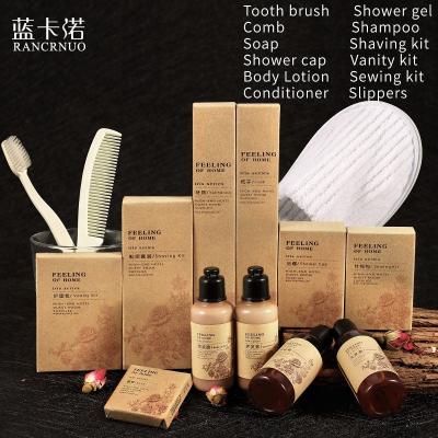 China Eco Friendly Brown RANCRNUO 30ml Bath Accessories Hotel Amenity Bottles Hotel Paper Amenities for sale