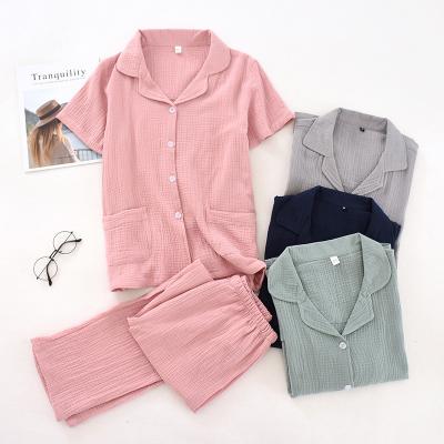 China Women QUICK DRY Cotton Short Gauze Sleepwear Cozy Pajamas Set Couples Sleepwear Shirt and Long Pants Chiffon for Lady for sale