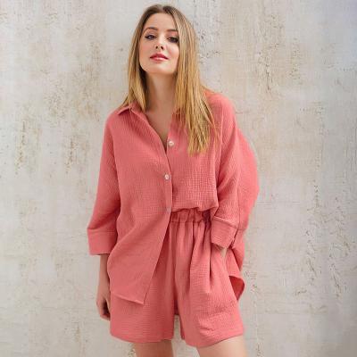 China Breathable In Plain Running Wholesale Color Breathable Lounge Wear Short Cotton Oversized Muslin Pajamas Set For Women for sale