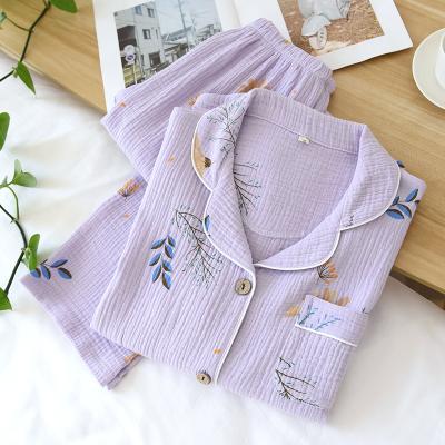 China 2022 Spring Pure Cotton Gauze Women Breathable Pajamas Long Sleeve Purple Slim Casual Women Pajamas Set for sale