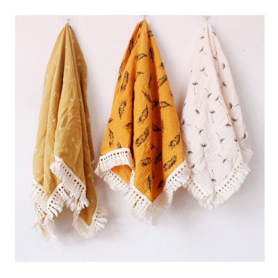 China Super Soft Printed Muslin 100% Organic Cotton Baby Wearable Wrap Blankets With Tassels Cover Stroller Blanket for sale