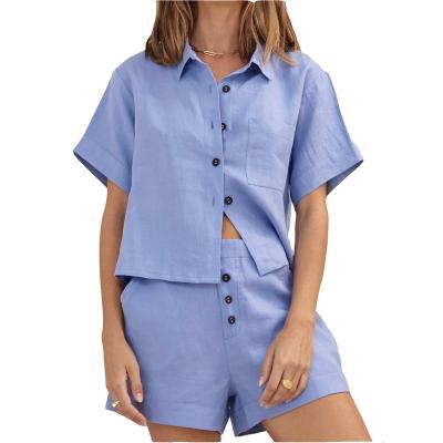 China OEM Breathable Casual Solid Blue Chic Chic Button Breasted Short Sleeve Shirt Blouse Top Pocketed Shorts Linen Cotton Set For Women for sale