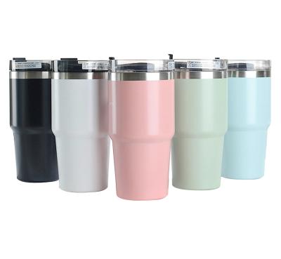 China Viable High Quality Custom Logo 18/8 Double Layer Stainless Steel Thermos Mug With Straw 30oz Tumbler Travel Tumbler With Flat Lid for sale