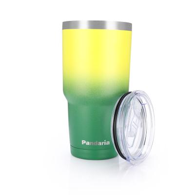 China Sustainable LOGO 30oz Stainless Steel Travel Mug Powder Coating Yellow Green High Quality Custom Double Walled Tumbler Cup With Slide Lid for sale