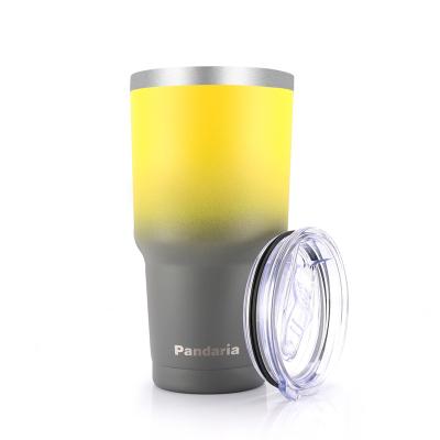 China Viable High Quality 30oz Yellow And Gray Custom LOGO Stainless Steel Travel Mug Powder Coating Double Walled Tumbler Cup With Slide Lid for sale