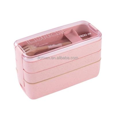 China Three Floor Factory Price New Portable Straw Lunch Box Three-Layer Wheat With Fork And Spoon Can Be Microwaved To Heat Student Lunch Box for sale