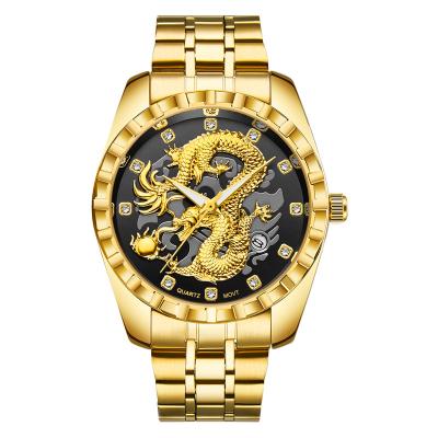 China Auto Date Classic Chinese style embossed yellow golden dragon Luxury Gold Dragon Quartz Watch Stainless Steel Watches for men for sale