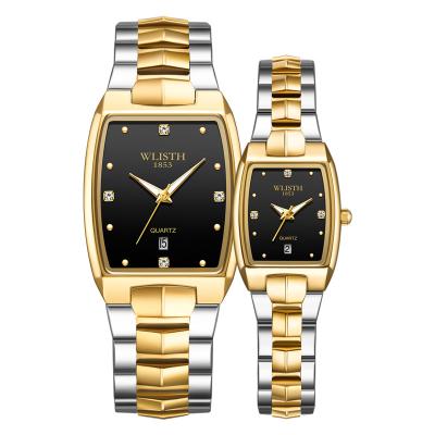 China Auto Date Watch New High Quality Gold Skeleton lovers Hand-wind Quartz Stainless Steel Brand couple Rectangle Wristwatches for lovers for sale