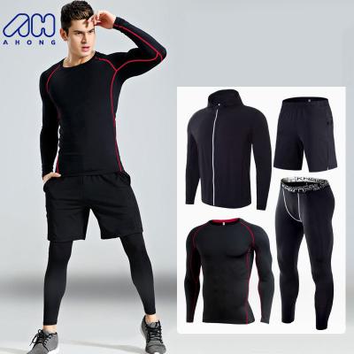 China Breathable Mens Gym Wear 4 Pieces Set Mens Gaiters And Shirts Set Custom Quick Dry Sportswear Jogging Suits Fitness Sport Wear for sale