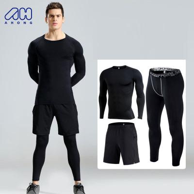 China 2023 Custom Logo Men Gym Sport Wear Breathable Elastic Fitness Training Apparel Shirts And Sweatpants High 3 Pieces Set Sweatsuits for sale