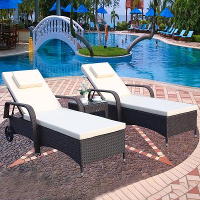 China Eco-friendly Garden Furniture Wicker Outdoor Double Sun Couch Rattan Wheel Beach Sun Loungers For Pool Side for sale