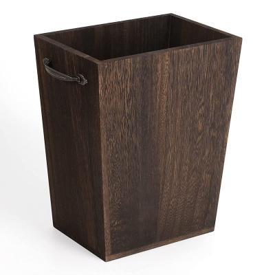 China Rustic Recycled Waste Bin Farmhouse Style Wooden Materials Trash Bin With Retro Metal Handles For Home Decor for sale