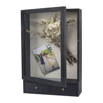 China Wooden Shadow Box Frame 8*10 Shadow Box Display Case with 2 Drawers and Canvas Back for Memorabilia Photos Deep Shadow Box Picture for sale