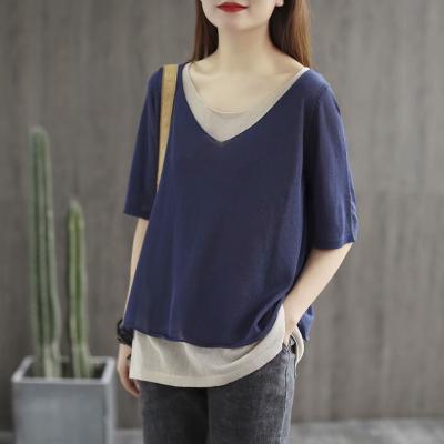 China Anti-wrinkle v-neck half-sleeve women's t-shirt fashion lifestyle comfortable fashion lifestyle purple for sale