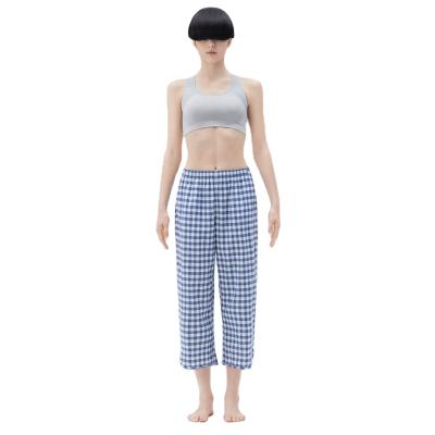 China Anti-wrinkle Women Springs And Summer Cotton Loungewear Comfortable Casual Loose Pajama Pants Blue With Plaid for sale